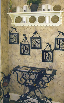 Unique wall hangings, accent pieces, and homestead items at Martha's Gifts & Boutique at the MacQueen Apple Orchard, Cider Mill, Farm Market, and Pick Your Own Apples, Holland, Ohio, west of Toledo